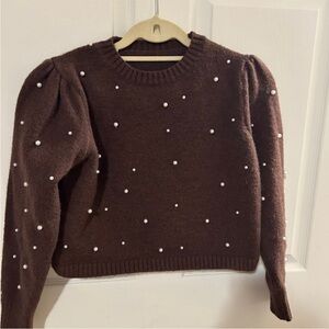 Brown Pearl-Embellished Sweater
